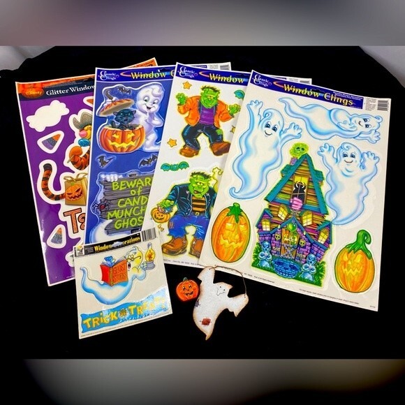 Halloween Lot Window Clings Decorations Tin Rustic Ghost Ornament Mini Pumpkin - Picture 1 of 10